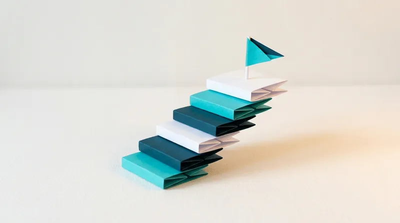 紙の書類が階段のように積み上がり、頂上に旗が立っている
